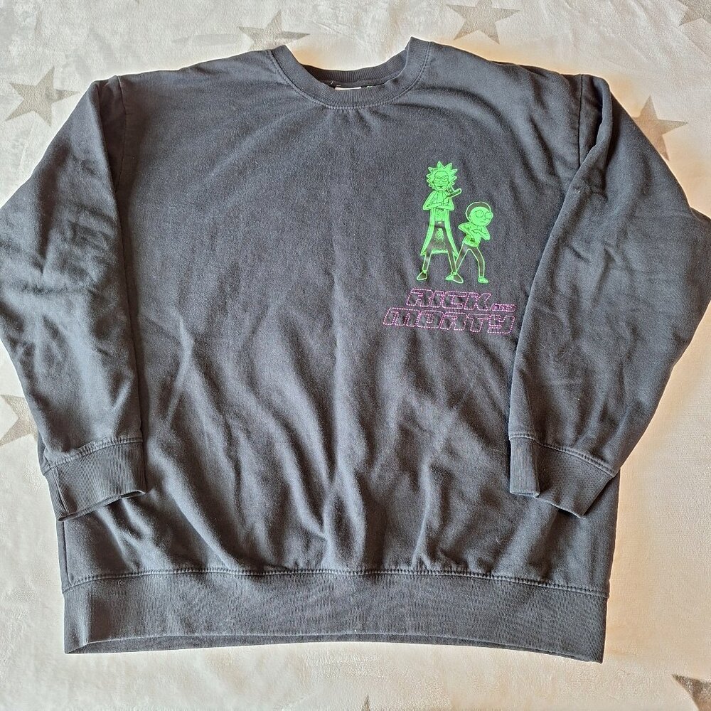 Rick‎ And Morty Mens L Black Pullover Sweatshirt Embroidered Large Back Graphic